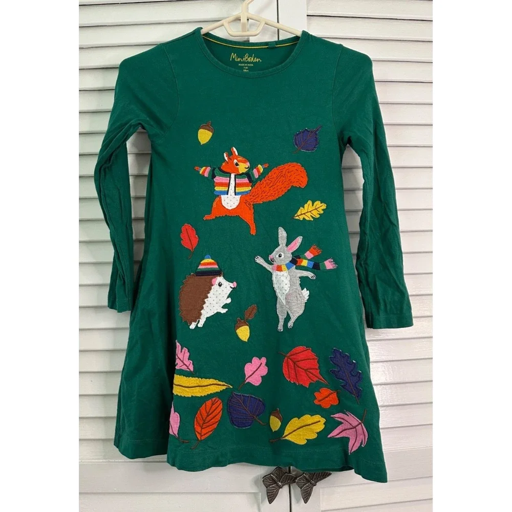 Mini Boden Size 7-8 Green Fall Autumn Forest Animals Applique Long Sleeve Dress